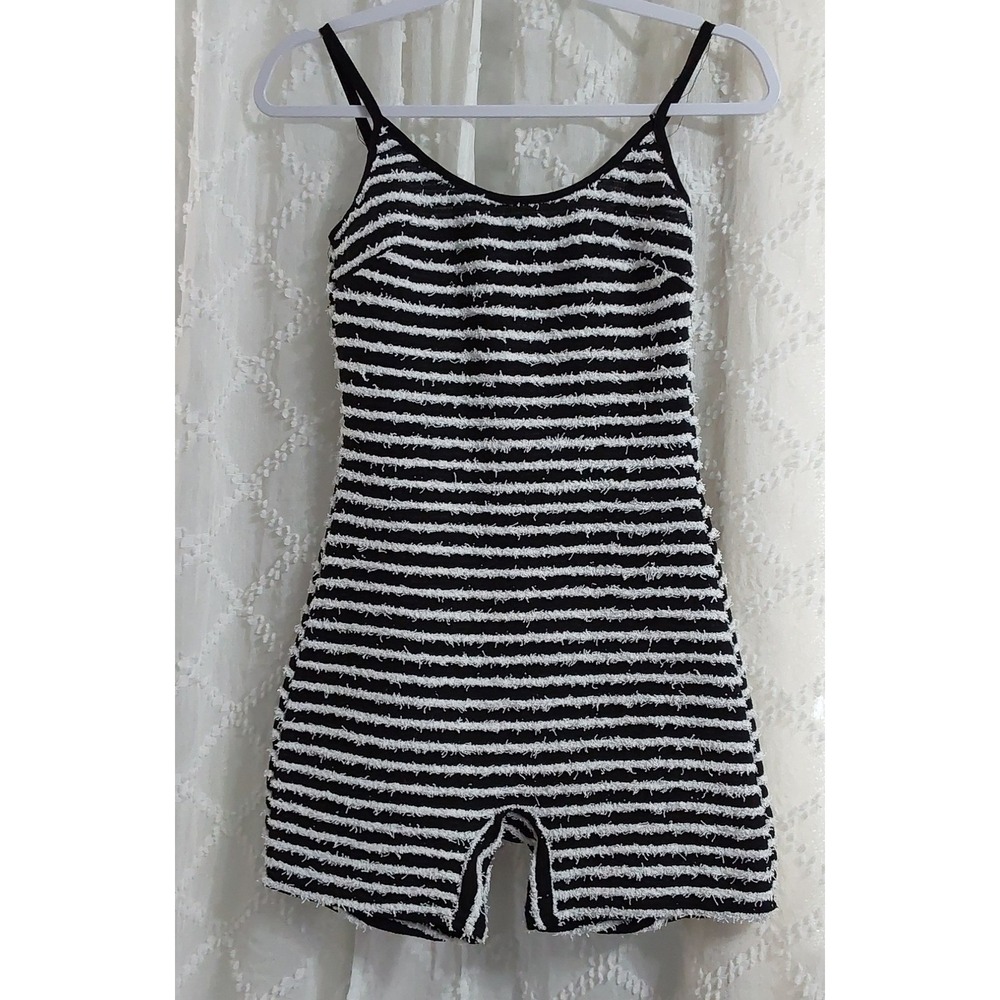 Black and White Striped Eyelash Knit Sleeveless Romper Size Small